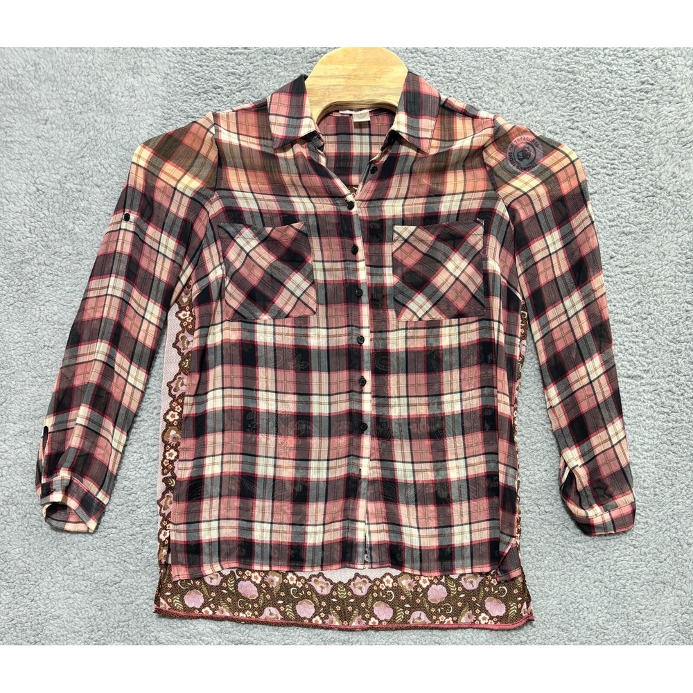 Band of Gypsies sheer plaid Floral button up shirt Womens Small (missing button)
